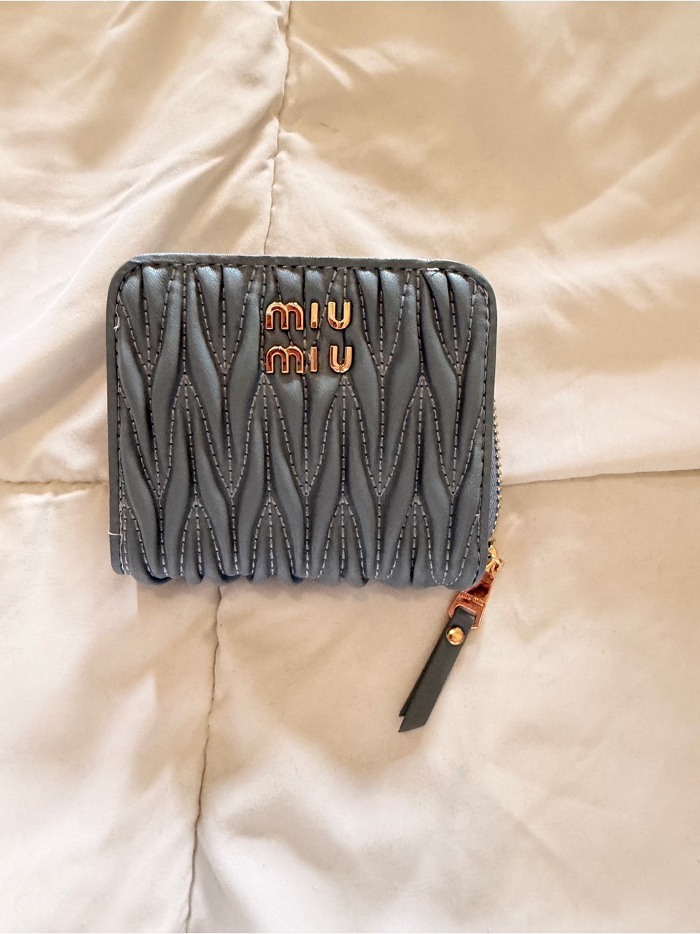 Miu Miu Quilted Leather Zip Wallet in Slate Blue